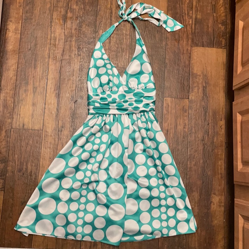 Max & Cleo Teal and White Cocktail Halter Dress